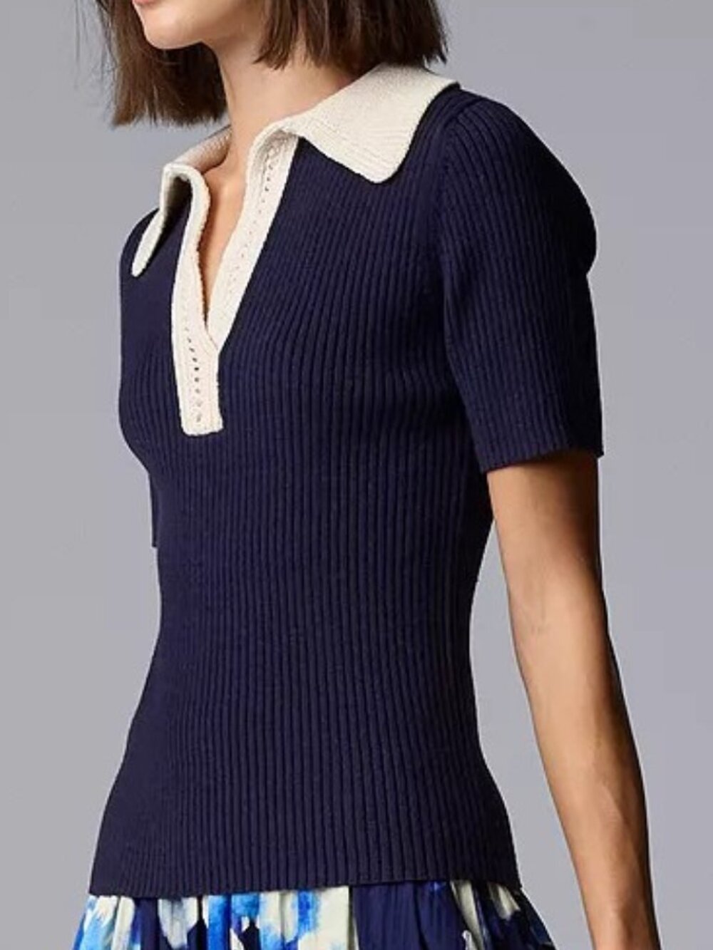 Simply Vera Vera Wang Crochet Polo Sweater Top – Ribbed Knit, Contrast Collar M